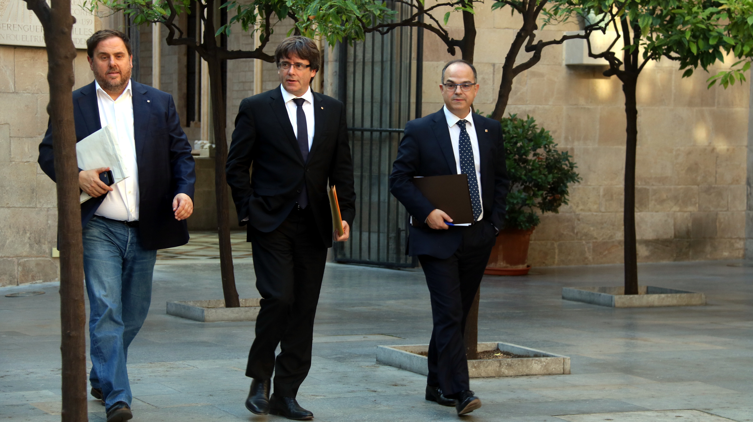 Catalan president, Carles Puigdemont, vice president, Oriol Junqueras, and  counsellor of the presidency, Jordi Turull, on October 10 (by ACN)